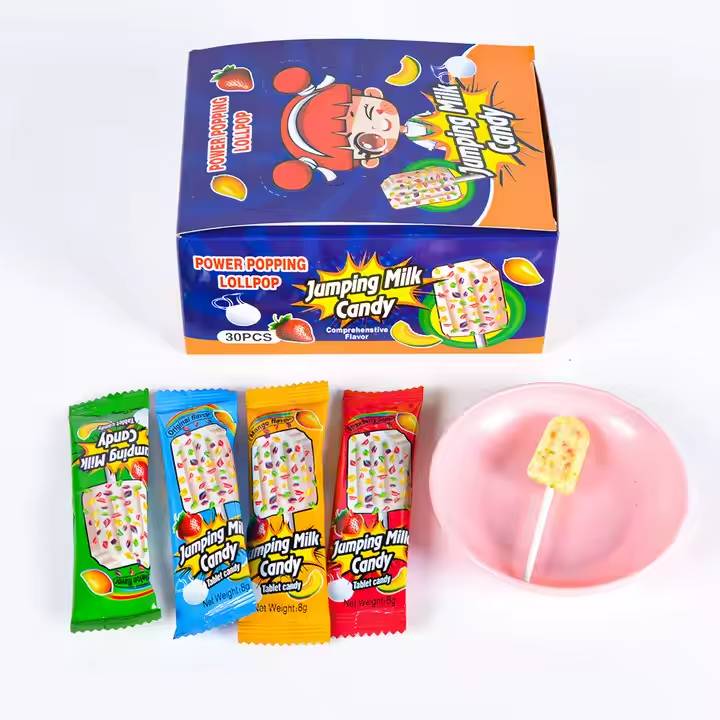 آبنبات چوبی سخت کارتونی طعم شیری میوه ای بسته 30 عددی jumping milk candy